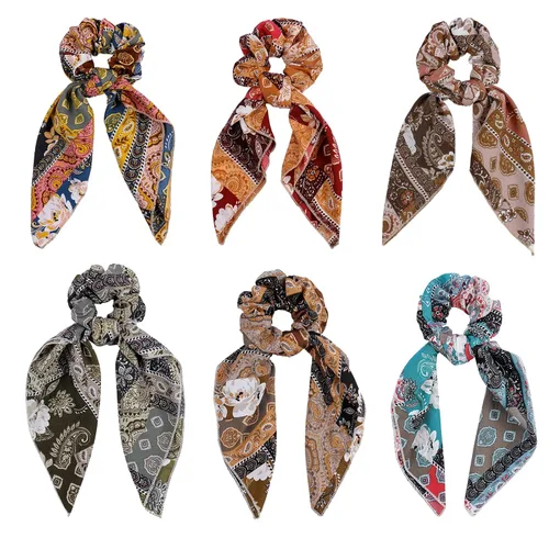 Miniatura 8 de Bufanda para el cabello, coleta de caballo con 6 bufandas, estampado de flores de cachemira, material de gasa, para mujeres y niñas, accesorios