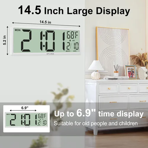 Miniatura 2 de Reloj de pared digital grande de 14.5 pulgadas, funciona con pilas con números gigantes, DST automático, día, fecha, alarma, temperatura para sala