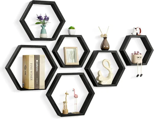 CADUKE - Juego de 6 estantes flotantes hexagonales, estantes de madera con montaje en pared, estantes de panal estilo casa de campo para decoración