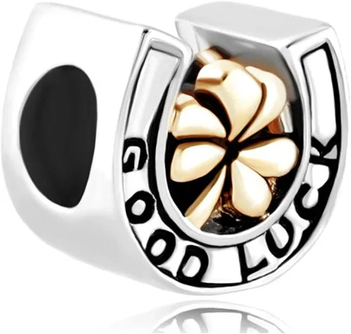 Miniatura 2 de LSxAB Abalorio de herradura de la suerte competible con pulseras Pandora para mujeres y niñas, trébol de oro, cuentas de plata, amigo de la familia