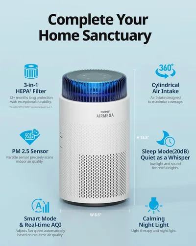 Miniatura 2 de Purificadores de aire COWAY para dormitorio del hogar de hasta 810 pies², filtro True HEPA para humo, alergias, caspa de mascotas, olor, monitor