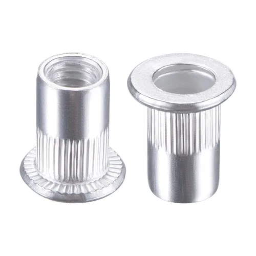 Miniatura 8 de uxcell Tuercas de remache M3 aleación de aluminio moleteado cabeza plana roscada tuerca de inserción plateada 50pcs