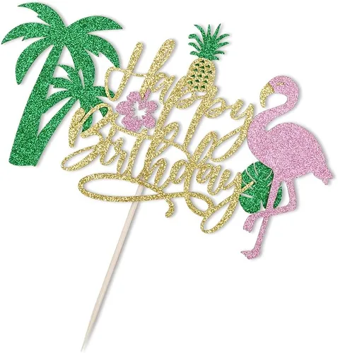 Miniatura 4 de PALASASA Decoración para tartas de cumpleaños con flamenco con purpurina, temática hawaiana de piña tropical Luau para niños y niñas, suministros