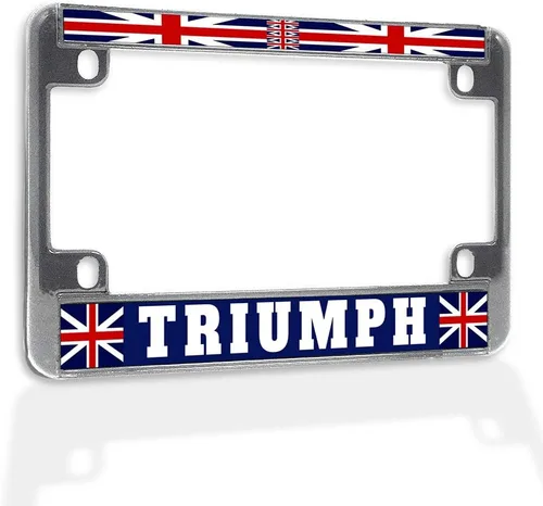 Triumph - Marco metálico para placa de matrícula con bandera británica, resistente a la intemperie, accesorios cromados, 4 agujeros, inserto sólido
