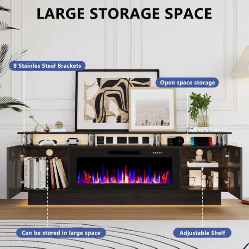 Miniatura 3 de Soporte de TV con chimenea de 36 pulgadas, soporte de TV negro de 70 pulgadas para sala de estar, moderno soporte de TV con chimenea eléctrica