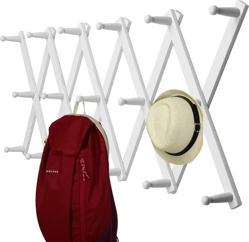 Miniatura 40 de WEBI Acordeón para colgar en la pared, percha de pared para sombreros, acordeón, expandible, de madera, montado en la pared, estante de gancho