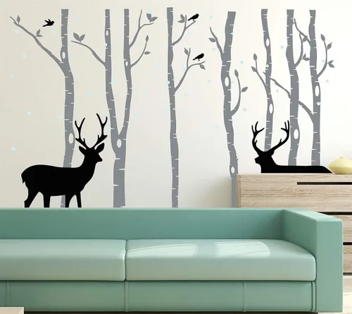 Miniatura 4 de Vinilo adhesivo de vinilo extraíble con diseño de ciervos y abedules para niños, decoración de habitación del bebé, habitación del bebé (gris)