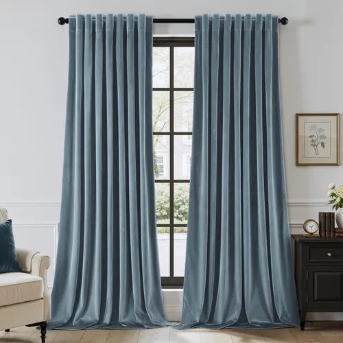 Miniatura 9 de EMEMA Juego de 2 paneles de cortinas de terciopelo de 63 pulgadas, con pestaña trasera y bolsillo para barra, cortinas con aislamiento térmico