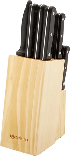Miniatura 5 de Amazon BasicsJuego de cuchillos de cocina de 14 piezas, cuchillas de acero inoxidable de alto carbono con bloqueo de madera de pino, negro