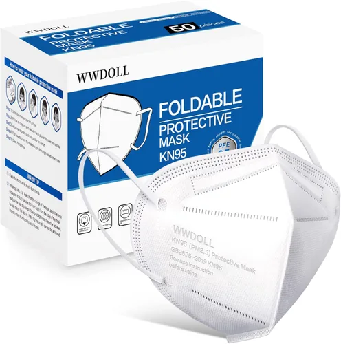 WWDOLL - Paquete de 50 mascarillas KN95, mascarillas KN95 de 5 capas transpirables, con elástico para las orejas y clip de puente nasal, protección