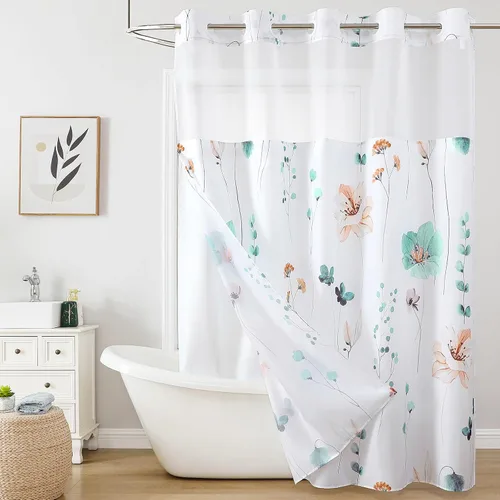 Miniatura 19 de QiyI Cortina de ducha de flores con forro a presión, cortina de baño de tela floral de acuarela azul beige, cortinas de ducha sin gancho con ventana