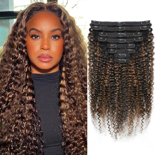 Miniatura 14 de Extensiones de cabello humano rizado con clip, 3C 4A, rizado con clip, cabeza completa, para mujeres negras, cabello humano brasileño Remy