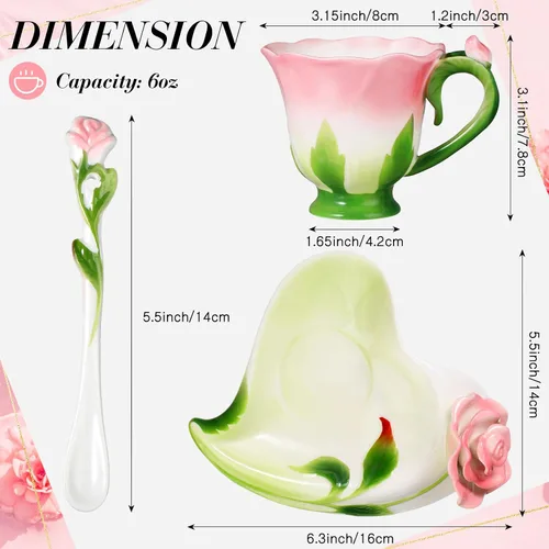 Miniatura 3 de Dandat Juego de tazas y platillos de té de rosas de cerámica con cuchara, taza y salsa en forma de flor de rosa, tazas de té de 6 onzas, taza