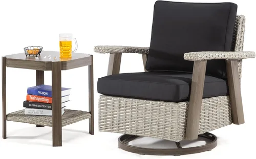 Miniatura 18 de Joyside Silla de patio con mesa auxiliar, juego de muebles de mimbre para patio, 2 piezas, silla mecedora giratoria de 360 grados para exteriores
