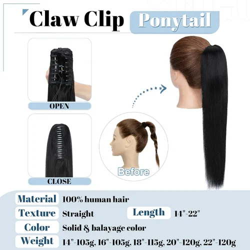 Miniatura 2 de SEGO Pinza de Gancho Extensión de Cola de Caballo Extensiones de Cabello Humano con Pinza para Cola de Caballo Extensiones de Cabello Real de Cola