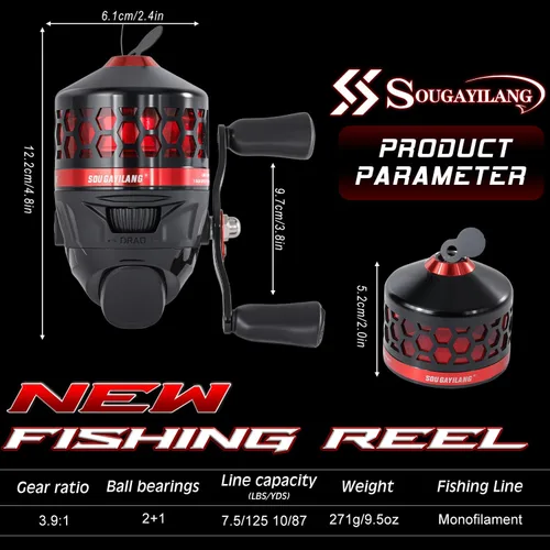 Miniatura 3 de Sougayilang Spincast - Carrete de pesca, relación de engranajes de alta velocidad 3.9:1, diseño de cebo de botón sin problemas y mango reversible
