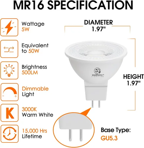Miniatura 2 de Energetic - Bombilla LED MR16 regulable de 5 W y 12 V, equivalente a halógeno de 50 W, CRI 90+, base de dos pines GU5.3, ángulo de haz de 40 grados