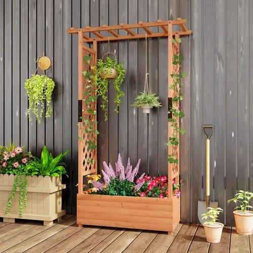Miniatura 9 de Giantex Cama de jardín elevada con enrejado y techo colgante, jardinera de madera con parte inferior y agujeros de drenaje, maceta de jardín
