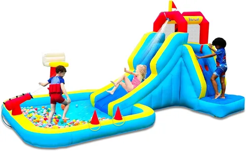 Tobogán acuático inflable, Tobogán de agua inflable con pared de escalada, Tobogán de agua para niños en el patio trasero con aro de baloncesto,