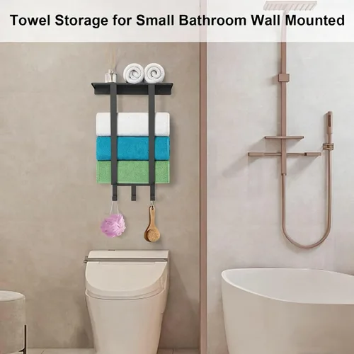Miniatura 6 de Toalleros para baño, toallero con estante y 3 ganchos, soportes de almacenamiento de toallas de pared para toallas de baño enrolladas, color negro