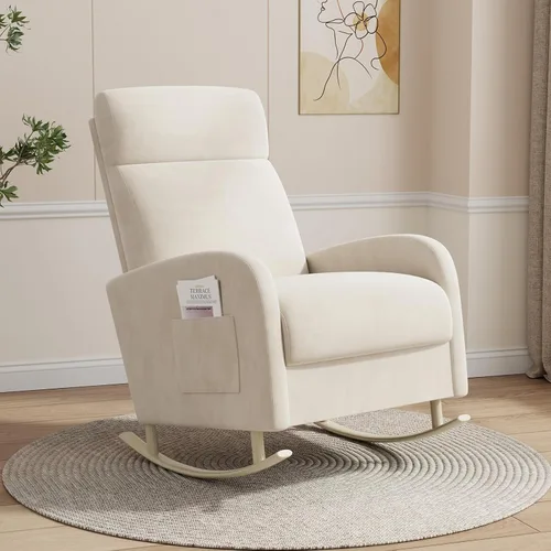 Miniatura 2 de HIPIHOM Mecedora para guardería, silla deslizante tapizada con bolsillo lateral, moderna silla de guardería con respaldo alto y patas de metal