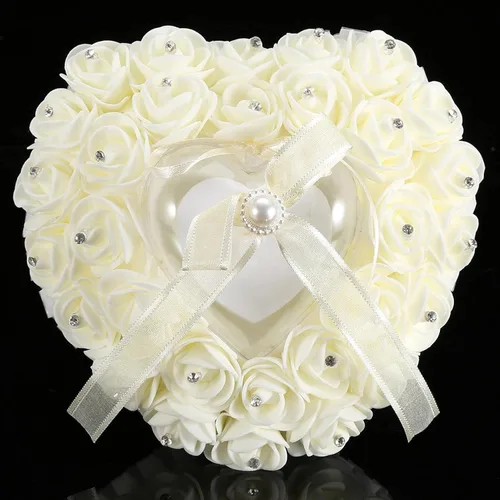 Miniatura 9 de GOTOTOP Almohada de boda, romántica de encaje de cristal rosa de boda en forma de corazón, cojín con cinta perla ceremonia de boda (blanco lechoso)