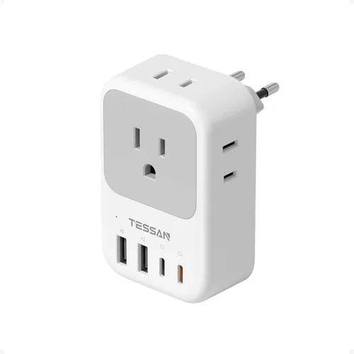 Adaptador de enchufe de viaje europeo, adaptador de corriente TESSAN International con 4 tomas, 4 puertos USB (2 USB-C, 1 con PD 20W), adaptador