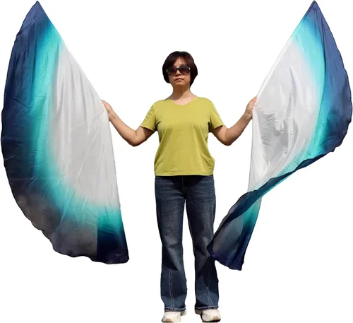 Miniatura 10 de Winged Sirenny Banderas de seda de ala de ángel de adoración de 70 pulgadas con varillas flexibles, bandera de seda translúcida circular pintada a