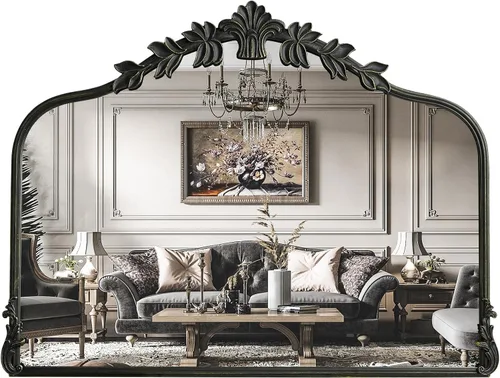 Miniatura 10 de WallBeyond Espejo vintage negro para tocador de 32x24 pulgadas, espejo negro antiguo con marco ornamentado, pared vintage arqueada para baño, sala