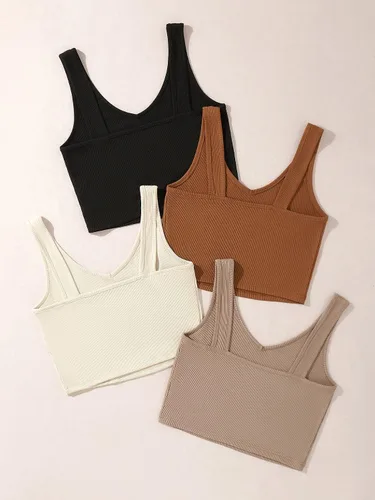 Miniatura 2 de SheIn Camiseta corta sin mangas con cuello en V para mujer de 4 piezas