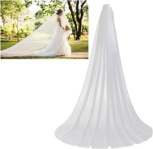 Miniatura 9 de TENDYCOCO Velo largo de boda de una sola capa suave tul catedral capilla piso velos con peine, Blanco