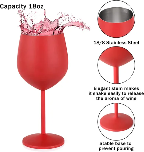 Miniatura 2 de Lifecapido Juego de 6 copas de vino de acero inoxidable, 18 oz, copas de vino de metal con tallo y cepillo para taza para fiesta, oficina, boda, Rojo