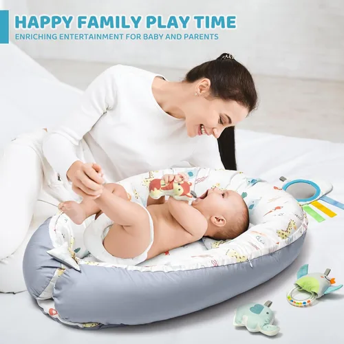 Miniatura 12 de Tapete de juego para bebé, tapete de gimnasio 7 en 1 para desarrollo sensorial y motor, lavable y portátil, tapete de actividad de tiempo boca abajo