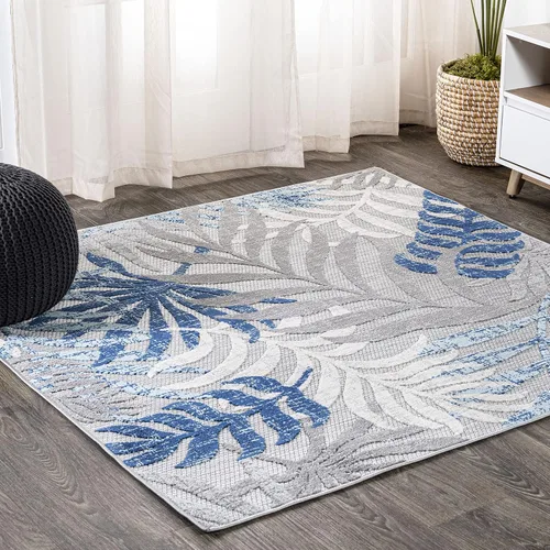 Miniatura 7 de JONATHAN Y Tropics Palm Leaves Indoor Outdoor Runner Rug 2X8 Cream/Dark Blue, Boho for Backyard, Patio, Porch, Easy-Cleaning, High Traffic