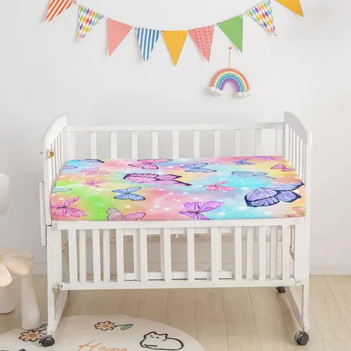 Miniatura 3 de Juego de ropa de cama para cuna de 3 piezas, edredón de guardería con estampado de mariposas en acuarela, sábana y falda para bebés niños y niñas