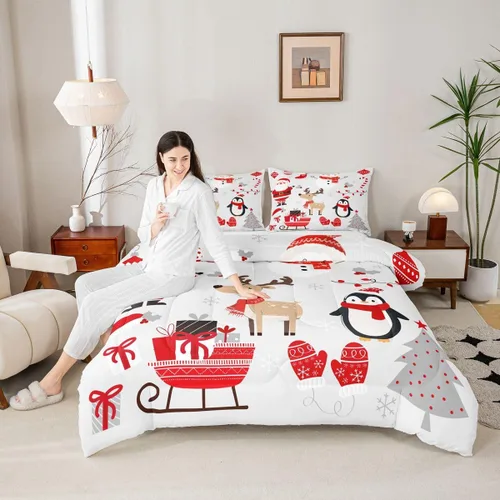 Miniatura 2 de Erosebridal Lindo juego de edredón de pingüino de dibujos animados, ropa de cama de Feliz Navidad, tamaño individual, regalos de Papá Noel