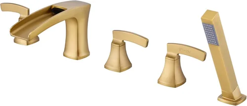 Grifo de bañera romana, relleno de bañera de cascada de oro cepillado, grifos de baño de latón de 5 agujeros con ducha de mano