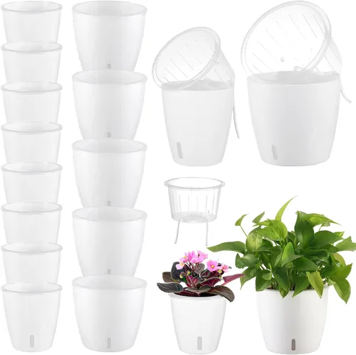 Miniatura 21 de Macetas de riego automático para plantas de interior, paquete de 16 macetas de riego automático con orificios de drenaje, macetas pequeñas