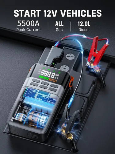 Miniatura 2 de Arrancador de coche 8 en 1 con compresor de aire, pico de 5500 A, inflador de neumáticos de 150 PSI, banco de energía portátil de 12 V, pantalla LCD