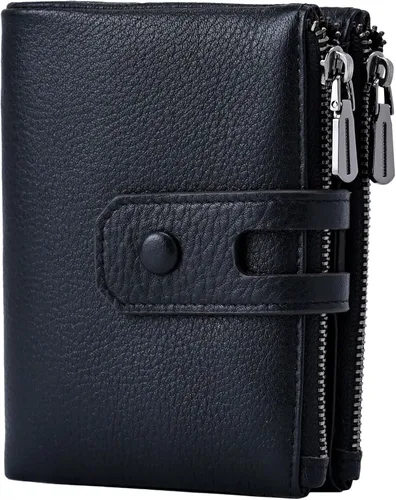Bveyzi - Billetera pequeña de cuero suave para mujer con bloqueo RFID, tarjetero para damas con doble bolsillo con cremallera