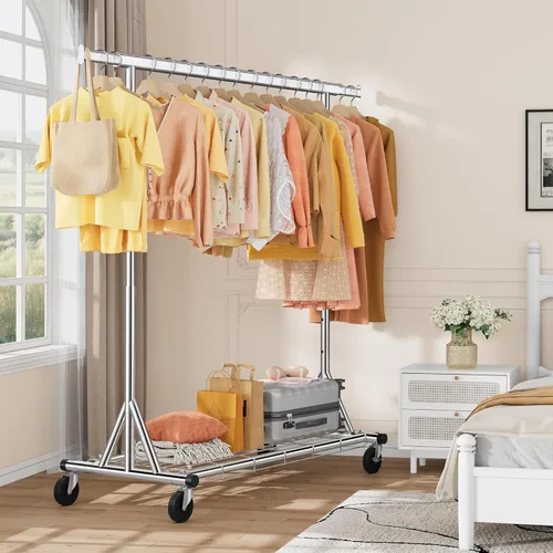 Miniatura 6 de Gewudraw Perchero resistente para ropa con capacidad de carga de 240 kg, estante de ropa de metal con ruedas y estantes resistentes, perchero Plata