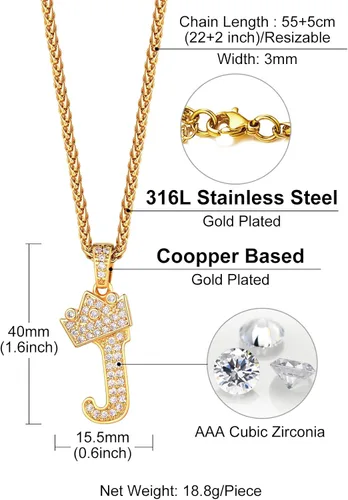 Miniatura 5 de Richsteel Collar con inicial para hombre, chapado en oro de 18 quilates, corona brillante con circonita cúbica, monograma, colgante para mujer