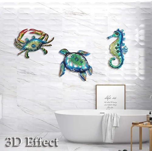 Miniatura 8 de Weibefee Arte de pared de metal con temática de playa de caballito de mar de tortugas marinas y cangrejo para decoración del día de la madre
