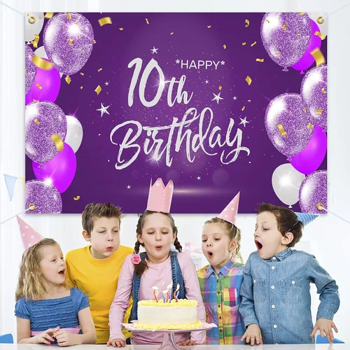 Miniatura 6 de HAMIGAR Fondo de pancarta de feliz cumpleaños número 10 de 6 x 4 pies, decoraciones de cumpleaños de 10 años, suministros de fiesta para niñas