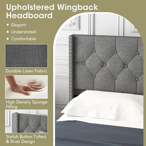 Miniatura 5 de Giantex Base de cama tapizada de tela de lino de tamaño matrimonial, marco de cama moderno con cabecera capitoné con botones, base de colchón