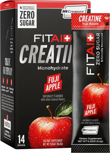 FITAID - Monohidrato de creatina en polvo con CreaPure®, sabor a manzana Fuji, 14 paquetes de una sola porción, creatina pura para mujeres y