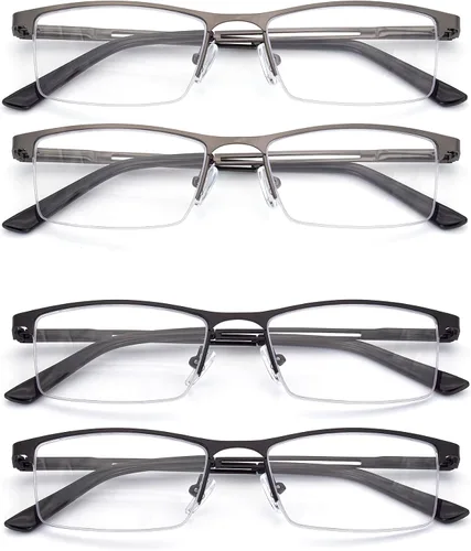 Miniatura 6 de HIGHLIKE Gafas de lectura con luz azul para hombre, lentes de lectura de medio marco de metal, bisagra de resorte, lentes transparentes con bolsas