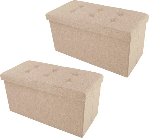 Lavish Home Otomana plegable de almacenamiento, juego de 2 reposapiés copetudos de 30 pulgadas, baúl o banco de lino con contenedor extraíble para