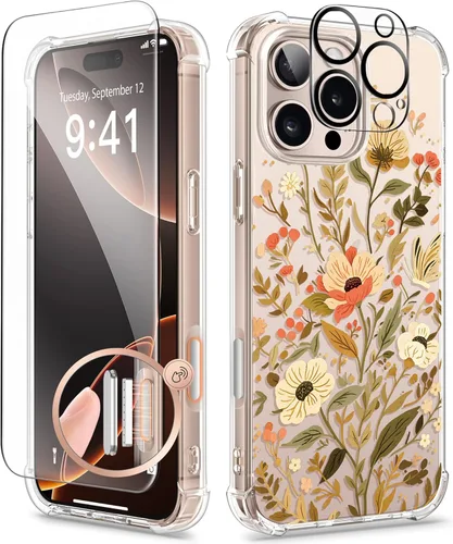 Miniatura 160 de GVIEWIN - Funda floral para iPhone 14 de 6.1 pulgadas, protector de pantalla + protector de lente de cámara, no se amarillenta, a prueba de golpes