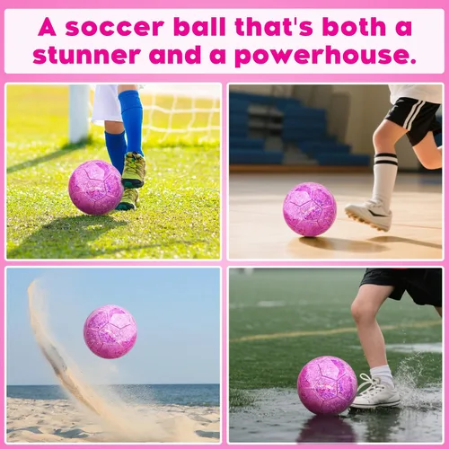 Miniatura 3 de Pelota de fútbol tamaño 4 con purpurina rosa - Pelota de fútbol para niños de 4-6, 6-8, 8-12 años, para deportes al aire libre, entrenamiento